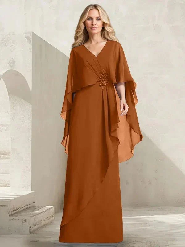 A-line V-Neck Floor-Length Chiffon Mother of the Bride Dress With Cascading Ruffles Beading - Image 11