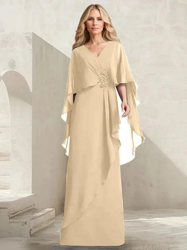 A-line V-Neck Floor-Length Chiffon Mother of the Bride Dress With Cascading Ruffles Beading - Image 12