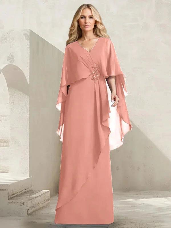 A-line V-Neck Floor-Length Chiffon Mother of the Bride Dress With Cascading Ruffles Beading - Image 13