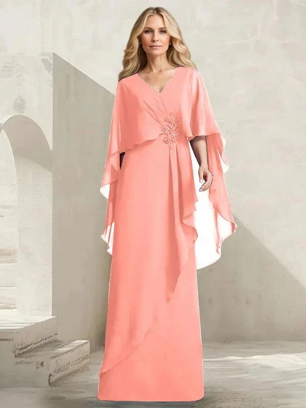 A-line V-Neck Floor-Length Chiffon Mother of the Bride Dress With Cascading Ruffles Beading - Image 14