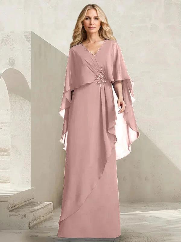 A-line V-Neck Floor-Length Chiffon Mother of the Bride Dress With Cascading Ruffles Beading - Image 15