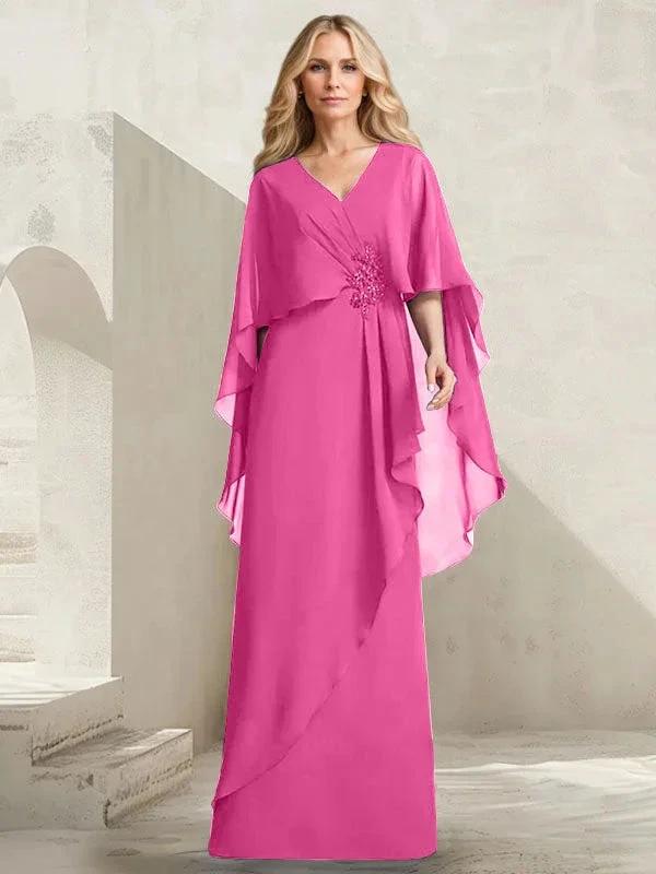 A-line V-Neck Floor-Length Chiffon Mother of the Bride Dress With Cascading Ruffles Beading - Image 16