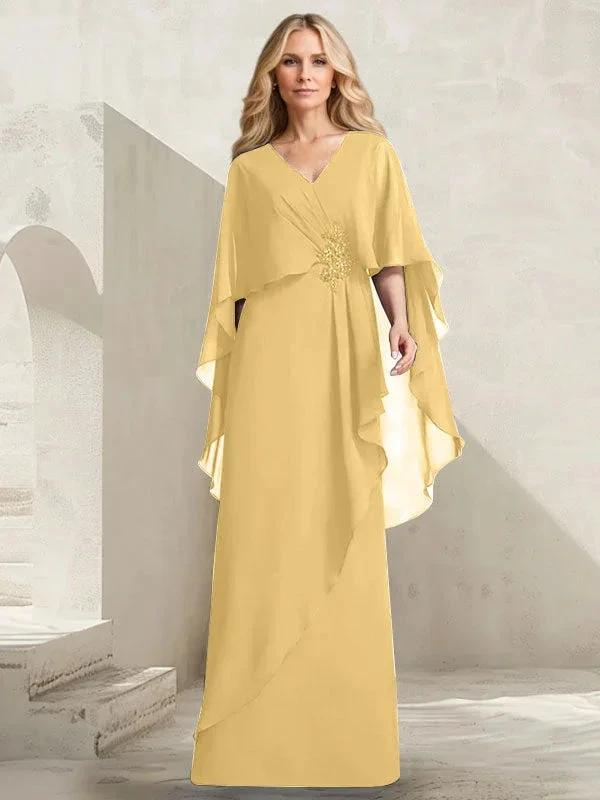 A-line V-Neck Floor-Length Chiffon Mother of the Bride Dress With Cascading Ruffles Beading - Image 17