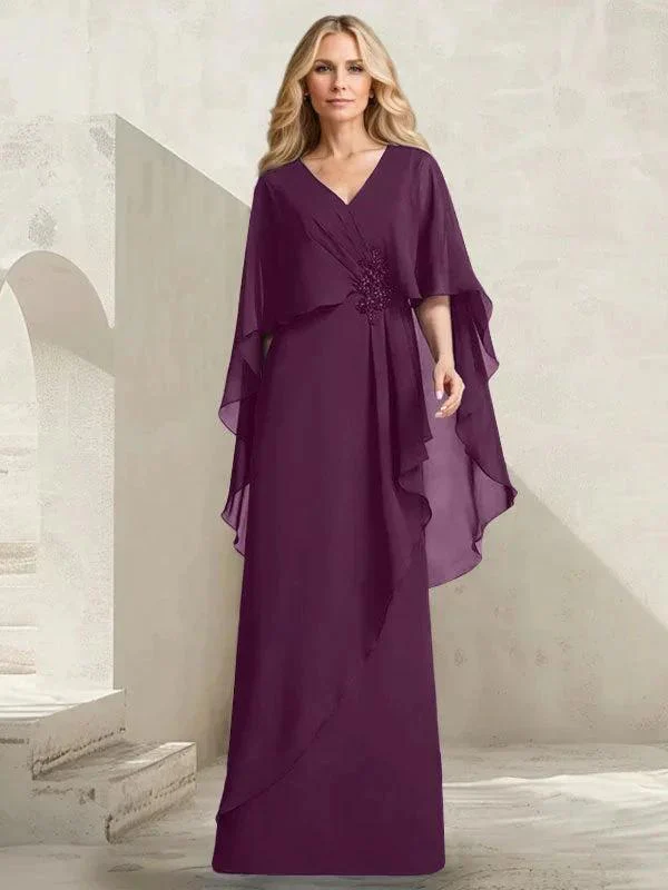 A-line V-Neck Floor-Length Chiffon Mother of the Bride Dress With Cascading Ruffles Beading - Image 18