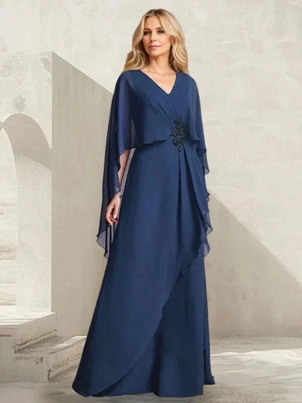 A-line V-Neck Floor-Length Chiffon Mother of the Bride Dress With Cascading Ruffles Beading - Image 2