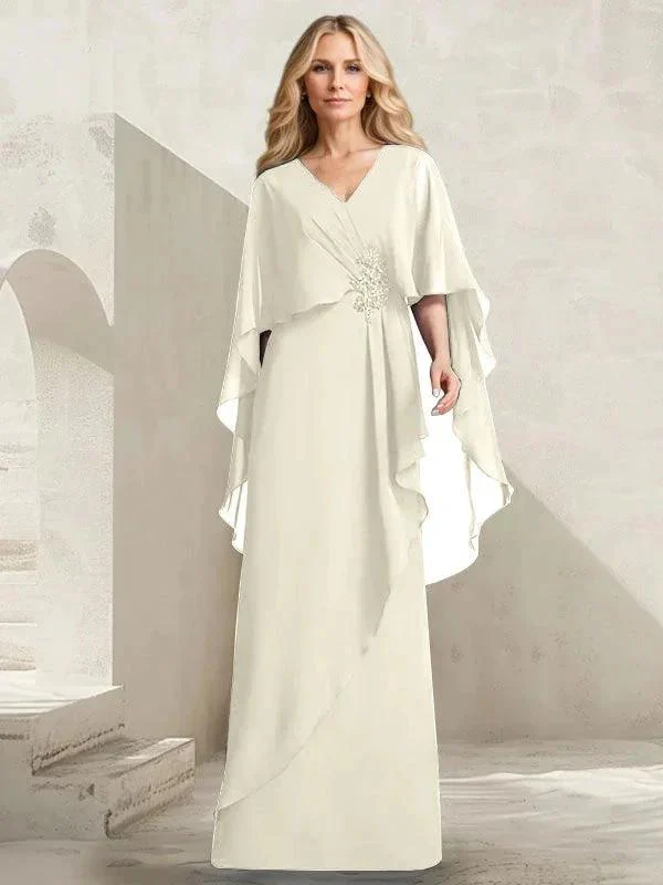 A-line V-Neck Floor-Length Chiffon Mother of the Bride Dress With Cascading Ruffles Beading - Image 20