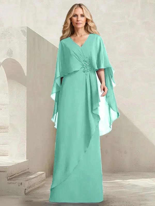 A-line V-Neck Floor-Length Chiffon Mother of the Bride Dress With Cascading Ruffles Beading - Image 21
