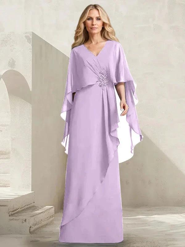 A-line V-Neck Floor-Length Chiffon Mother of the Bride Dress With Cascading Ruffles Beading - Image 22