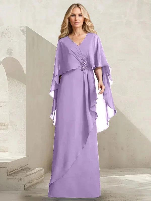 A-line V-Neck Floor-Length Chiffon Mother of the Bride Dress With Cascading Ruffles Beading - Image 23