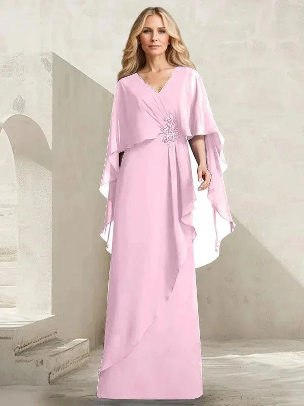 A-line V-Neck Floor-Length Chiffon Mother of the Bride Dress With Cascading Ruffles Beading - Image 24