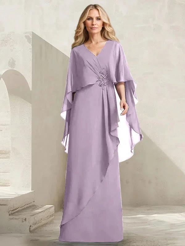 A-line V-Neck Floor-Length Chiffon Mother of the Bride Dress With Cascading Ruffles Beading - Image 25