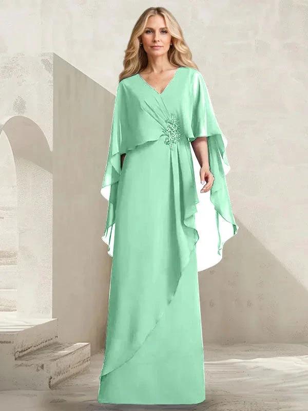 A-line V-Neck Floor-Length Chiffon Mother of the Bride Dress With Cascading Ruffles Beading - Image 26