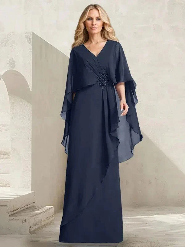 A-line V-Neck Floor-Length Chiffon Mother of the Bride Dress With Cascading Ruffles Beading - Image 27
