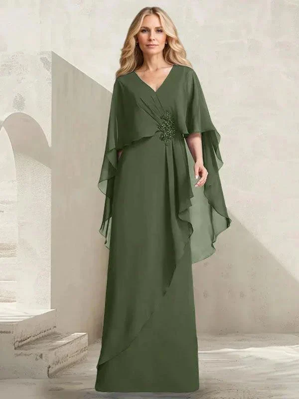 A-line V-Neck Floor-Length Chiffon Mother of the Bride Dress With Cascading Ruffles Beading - Image 28