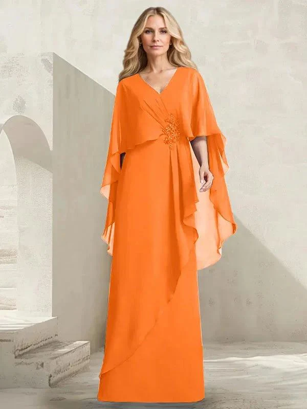 A-line V-Neck Floor-Length Chiffon Mother of the Bride Dress With Cascading Ruffles Beading - Image 29