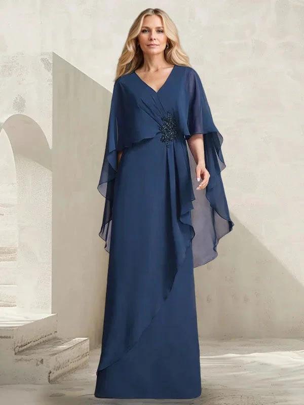 A-line V-Neck Floor-Length Chiffon Mother of the Bride Dress With Cascading Ruffles Beading - Image 3
