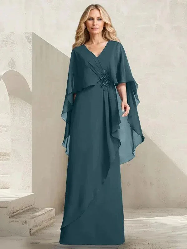 A-line V-Neck Floor-Length Chiffon Mother of the Bride Dress With Cascading Ruffles Beading - Image 30