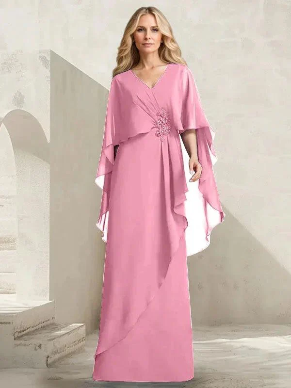 A-line V-Neck Floor-Length Chiffon Mother of the Bride Dress With Cascading Ruffles Beading - Image 31