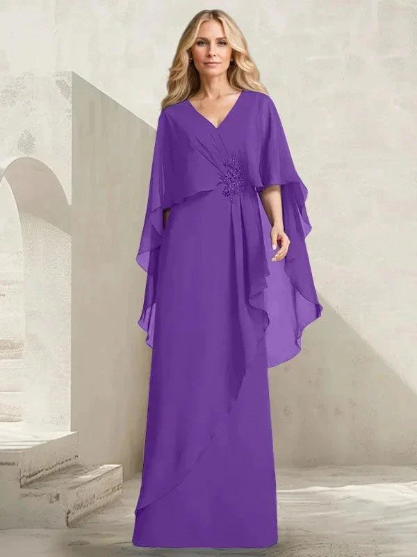 A-line V-Neck Floor-Length Chiffon Mother of the Bride Dress With Cascading Ruffles Beading - Image 32