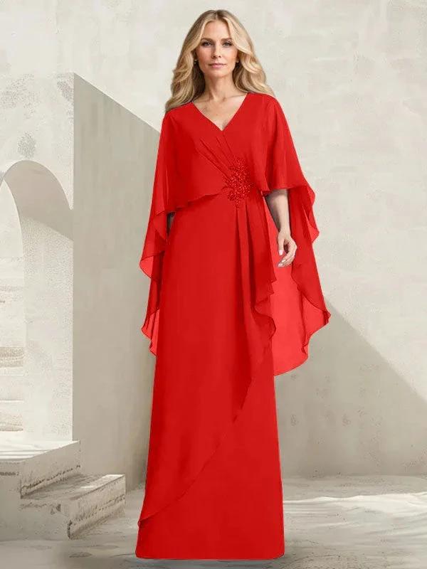 A-line V-Neck Floor-Length Chiffon Mother of the Bride Dress With Cascading Ruffles Beading - Image 33