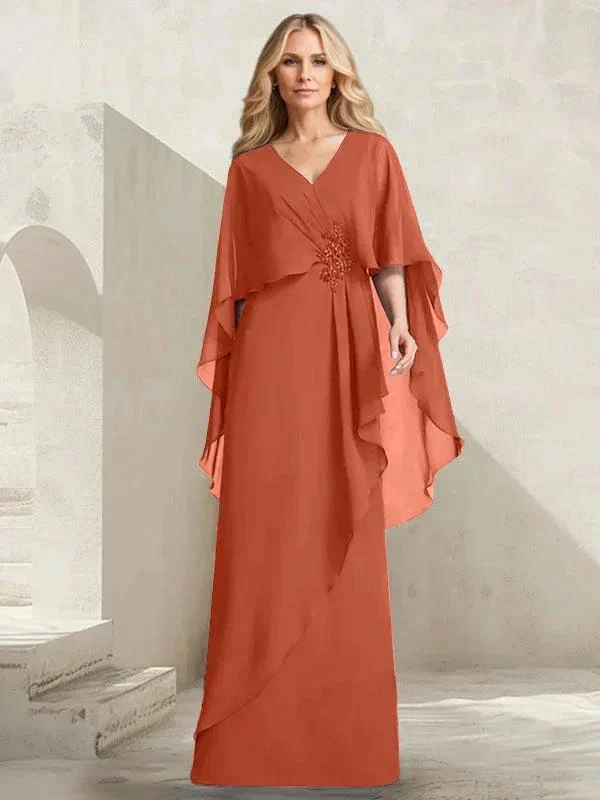 A-line V-Neck Floor-Length Chiffon Mother of the Bride Dress With Cascading Ruffles Beading - Image 35
