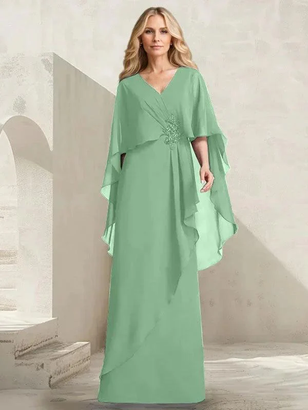 A-line V-Neck Floor-Length Chiffon Mother of the Bride Dress With Cascading Ruffles Beading - Image 36