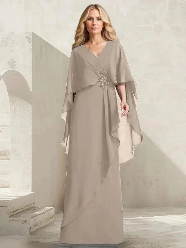 A-line V-Neck Floor-Length Chiffon Mother of the Bride Dress With Cascading Ruffles Beading - Image 37