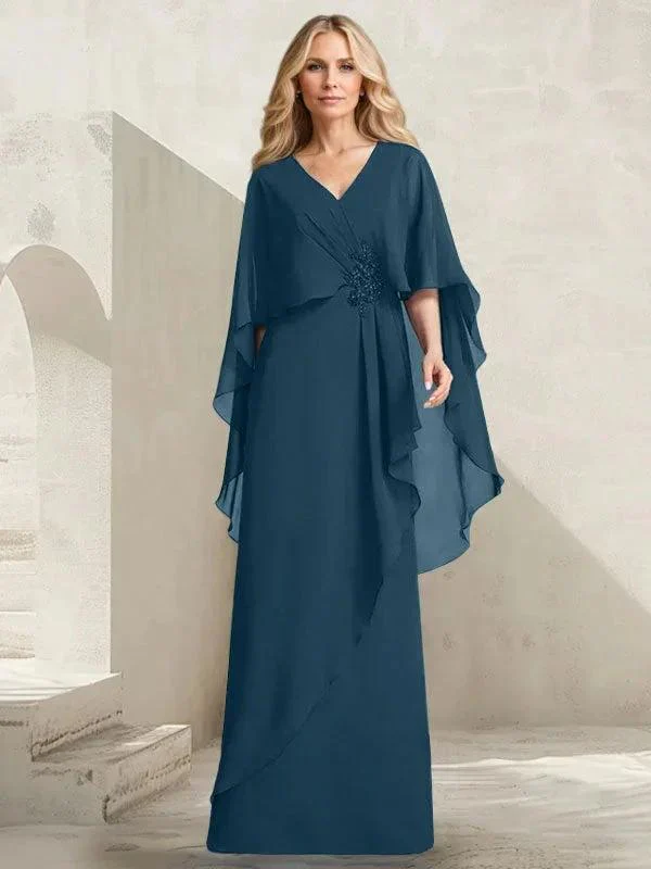 A-line V-Neck Floor-Length Chiffon Mother of the Bride Dress With Cascading Ruffles Beading - Image 38