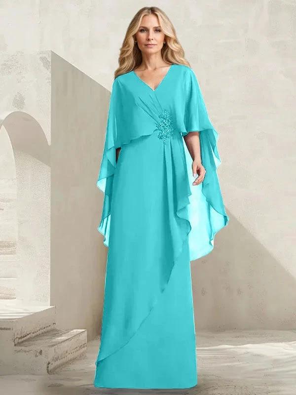 A-line V-Neck Floor-Length Chiffon Mother of the Bride Dress With Cascading Ruffles Beading - Image 39