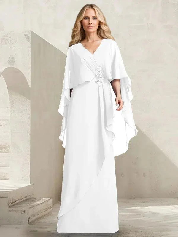 A-line V-Neck Floor-Length Chiffon Mother of the Bride Dress With Cascading Ruffles Beading - Image 40