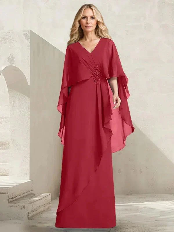 A-line V-Neck Floor-Length Chiffon Mother of the Bride Dress With Cascading Ruffles Beading - Image 41