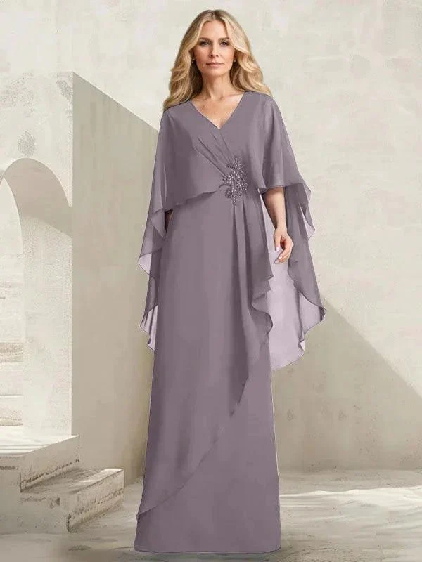 A-line V-Neck Floor-Length Chiffon Mother of the Bride Dress With Cascading Ruffles Beading - Image 42