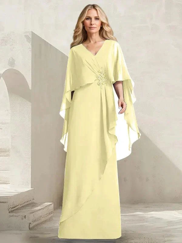 A-line V-Neck Floor-Length Chiffon Mother of the Bride Dress With Cascading Ruffles Beading - Image 43