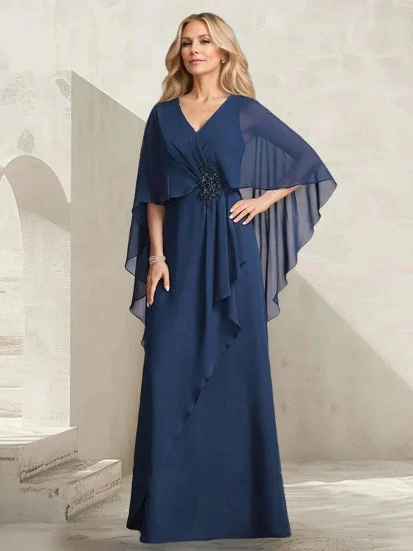 A-line V-Neck Floor-Length Chiffon Mother of the Bride Dress With Cascading Ruffles Beading - Image 5
