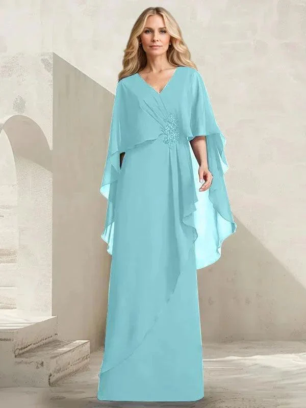 A-line V-Neck Floor-Length Chiffon Mother of the Bride Dress With Cascading Ruffles Beading - Image 7