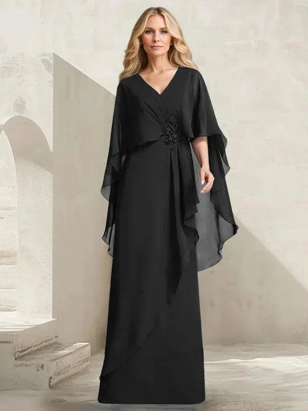 A-line V-Neck Floor-Length Chiffon Mother of the Bride Dress With Cascading Ruffles Beading - Image 8