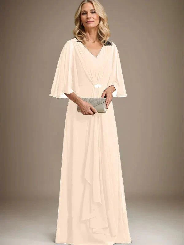 A-line V-Neck Floor-Length Chiffon Mother of the Bride Dress With Cascading Ruffles Crystal Brooch - Image 10
