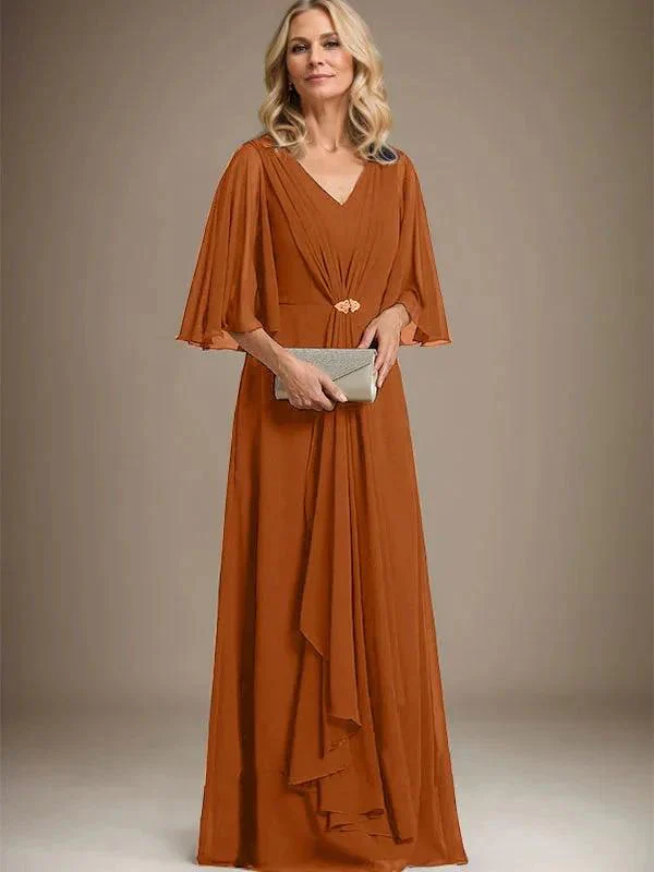 A-line V-Neck Floor-Length Chiffon Mother of the Bride Dress With Cascading Ruffles Crystal Brooch - Image 11