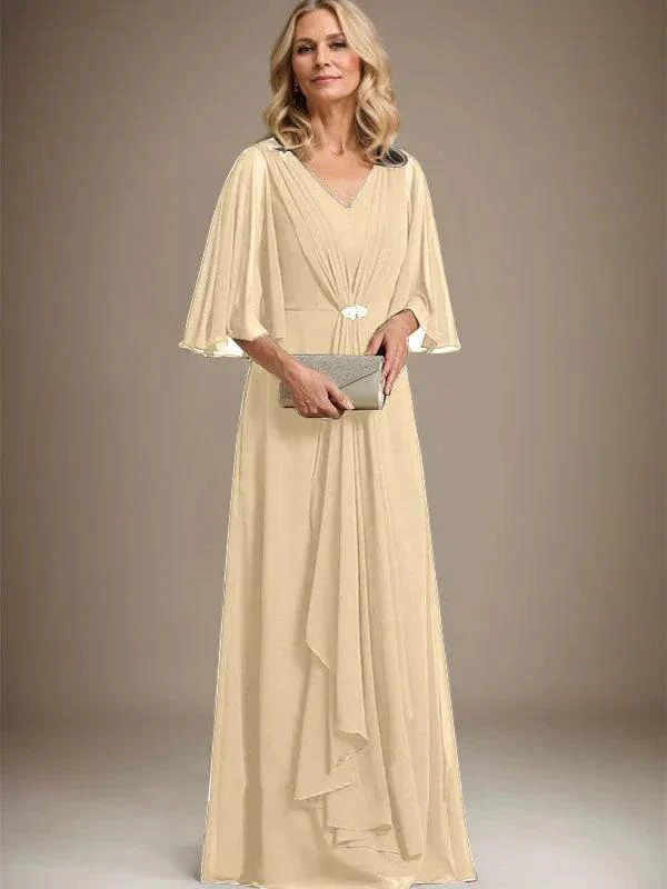 A-line V-Neck Floor-Length Chiffon Mother of the Bride Dress With Cascading Ruffles Crystal Brooch - Image 12