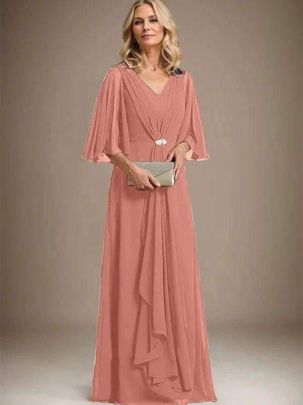 A-line V-Neck Floor-Length Chiffon Mother of the Bride Dress With Cascading Ruffles Crystal Brooch - Image 13