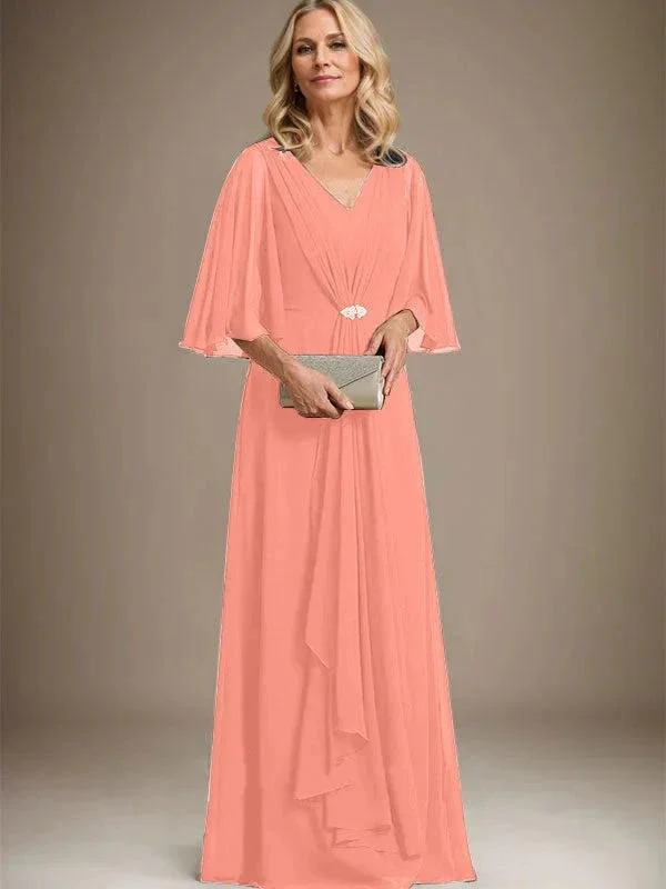 A-line V-Neck Floor-Length Chiffon Mother of the Bride Dress With Cascading Ruffles Crystal Brooch - Image 14