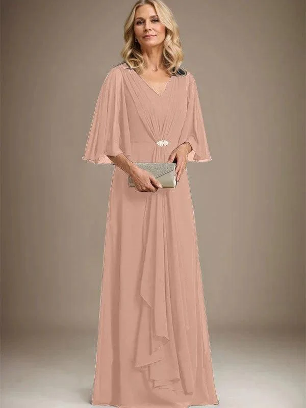 A-line V-Neck Floor-Length Chiffon Mother of the Bride Dress With Cascading Ruffles Crystal Brooch - Image 15