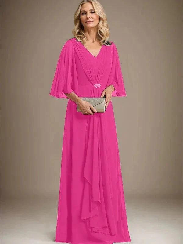 A-line V-Neck Floor-Length Chiffon Mother of the Bride Dress With Cascading Ruffles Crystal Brooch - Image 16