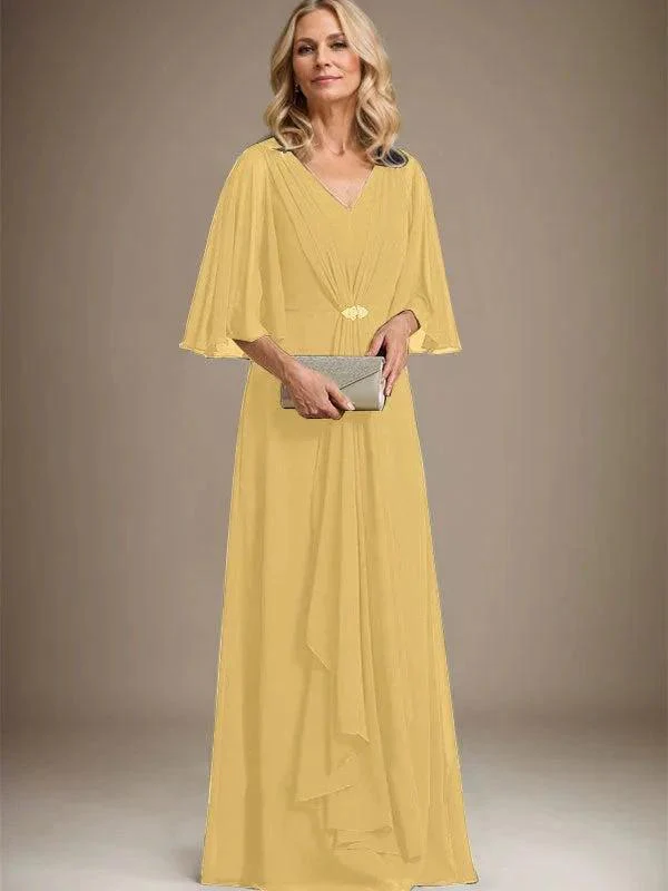 A-line V-Neck Floor-Length Chiffon Mother of the Bride Dress With Cascading Ruffles Crystal Brooch - Image 17