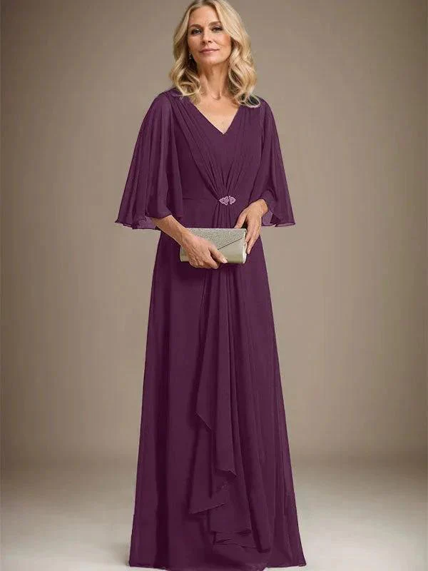A-line V-Neck Floor-Length Chiffon Mother of the Bride Dress With Cascading Ruffles Crystal Brooch - Image 18