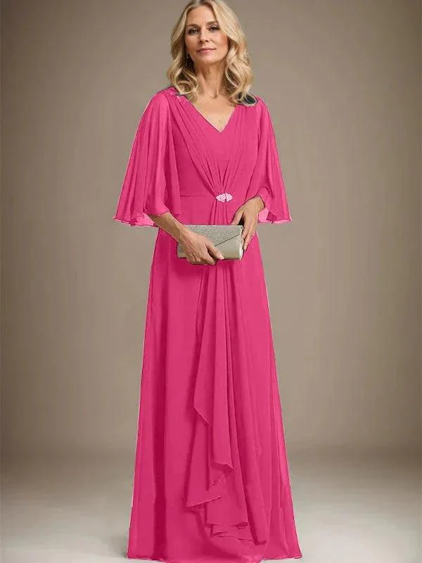A-line V-Neck Floor-Length Chiffon Mother of the Bride Dress With Cascading Ruffles Crystal Brooch - Image 19