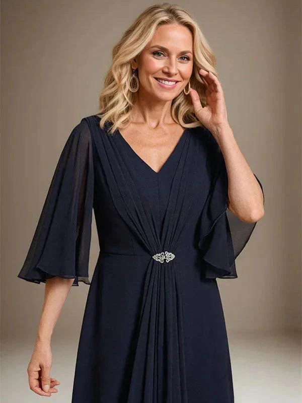 A-line V-Neck Floor-Length Chiffon Mother of the Bride Dress With Cascading Ruffles Crystal Brooch - Image 2