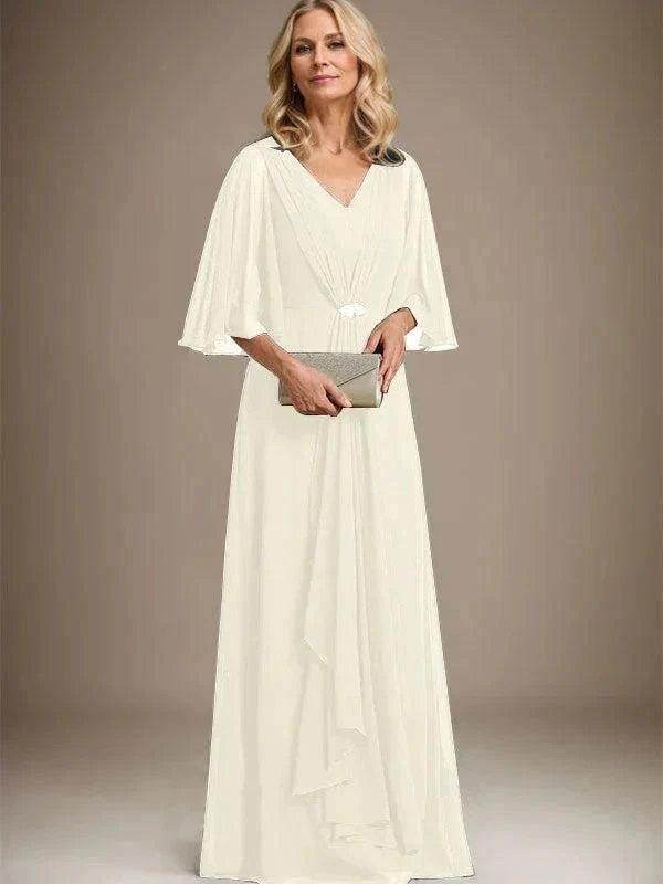 A-line V-Neck Floor-Length Chiffon Mother of the Bride Dress With Cascading Ruffles Crystal Brooch - Image 20