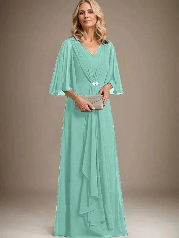 A-line V-Neck Floor-Length Chiffon Mother of the Bride Dress With Cascading Ruffles Crystal Brooch - Image 21