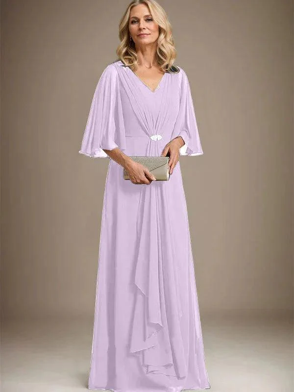 A-line V-Neck Floor-Length Chiffon Mother of the Bride Dress With Cascading Ruffles Crystal Brooch - Image 22